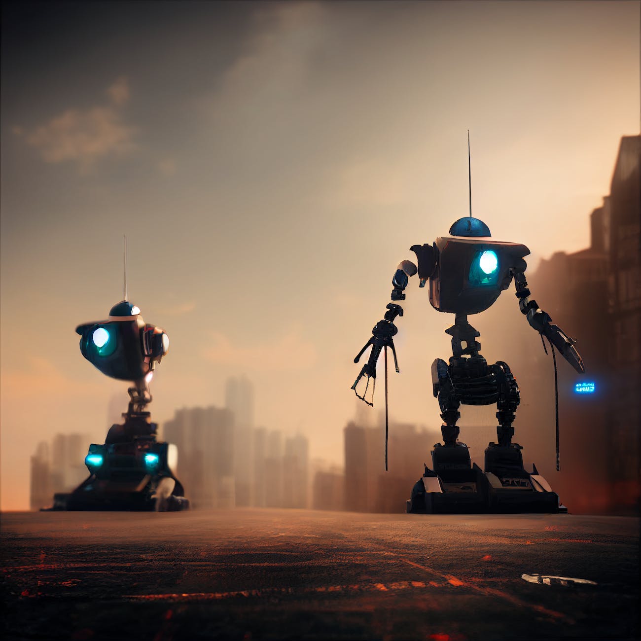 humanoid robots standing on path with cityscape in background