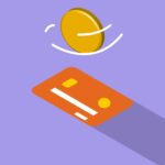 credit card and coin on violet background