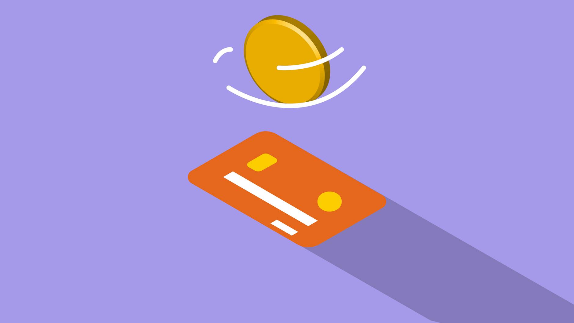 credit card and coin on violet background