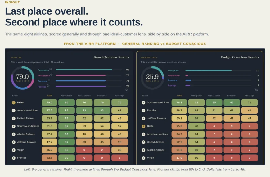 Proprietary AiRR data on eight of the largest U.S. airlines. ChatGPT, tracked daily for six months across six purchase-intent prompts and more than 50,000 scored AI answers.